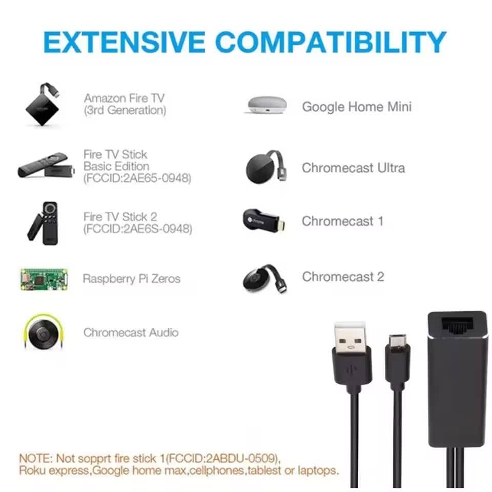 Chromecast Rj45 USB 2.0 į RJ45 Ethernet adapteris su Micro USB maitinimu Fire TV Stick ...